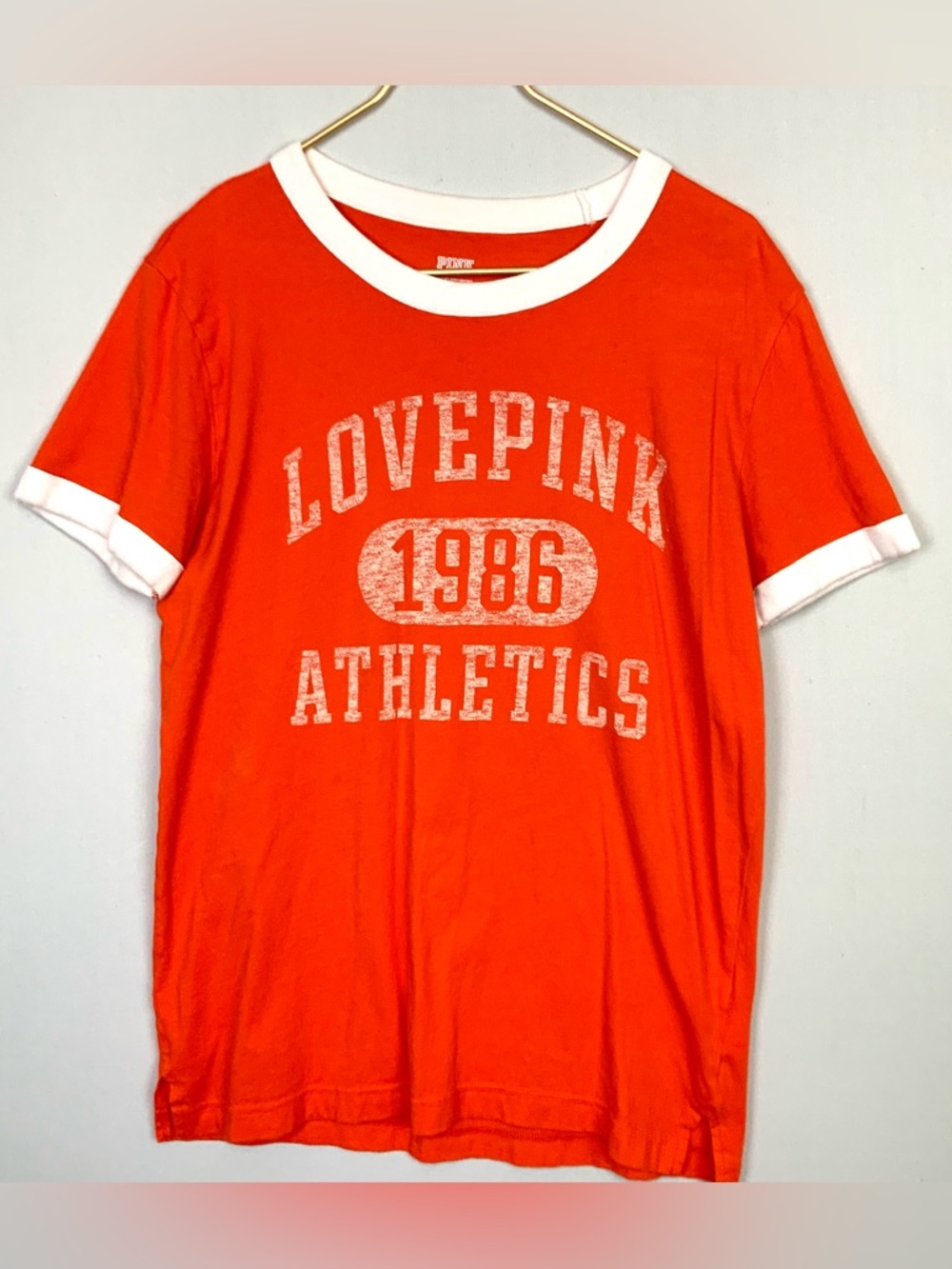 Victoria's Secret Pink Sz XS Orange Campus Ringer Short Sleeve Tee T-Shirt